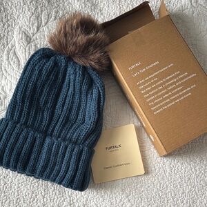 FURTALK Women's Blue Knit Hat with Brown Pom Pom